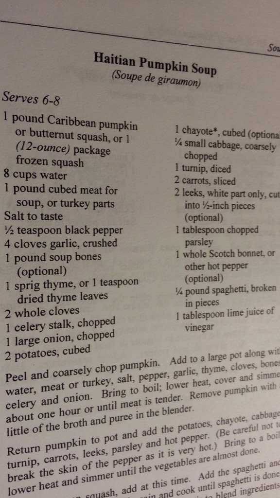 Pumpkin soup Recipe from THE ART and SOUL of HAITIAN COOKING, published in 2001 by The Haitian Institute--a  non-profit organization established in 1987 to promote Haitian Culture and society at home and abroad.